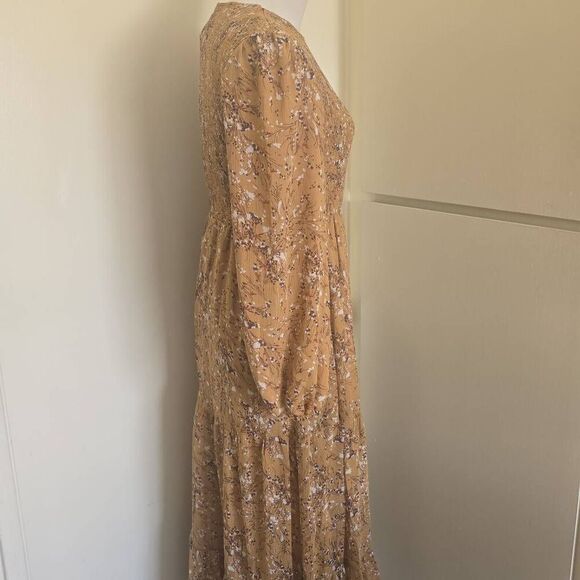 Lorraine Beige Chiffon w/ Mini Floral Prt. Gold Threads, Bohemian Dress, NWT, 12 - Picture 6 of 11